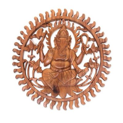 Alternate image for Balinese Artisan Carved Ganesha Wood Relief Panel Ganesha Aura