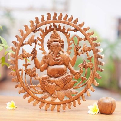 Alternate image for Balinese Artisan Carved Ganesha Wood Relief Panel Ganesha Aura