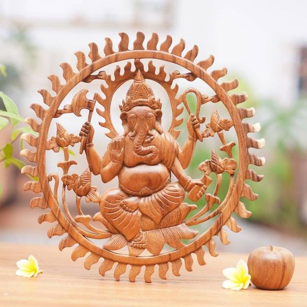 Alternate image for Balinese Artisan Carved Ganesha Wood Relief Panel Ganesha Aura
