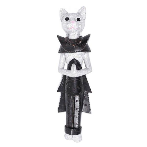Alternate image for Wood Sculpture of a White Cat in Ancient Thai Dress White Palace Cat