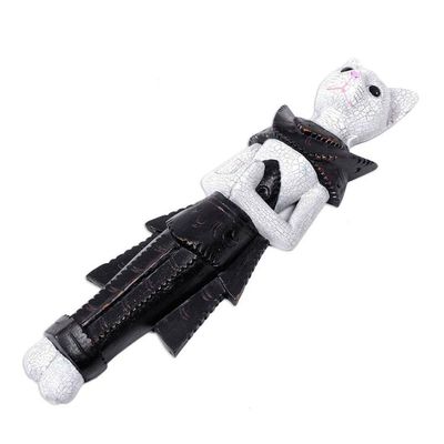 Alternate image for Wood Sculpture of a White Cat in Ancient Thai Dress White Palace Cat
