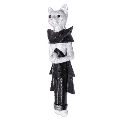 Alternate image for Wood Sculpture of a White Cat in Ancient Thai Dress White Palace Cat