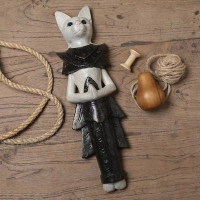 Alternate image for Wood Sculpture of a White Cat in Ancient Thai Dress White Palace Cat