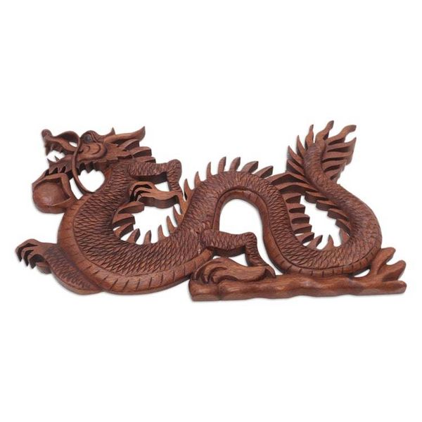 Alternate image for Suar Wood Relief Wall Panel Fire Dragon