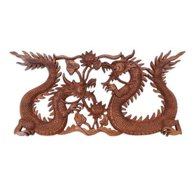 Alternate image for Wood Relief Panel Dragons Amid Flowers