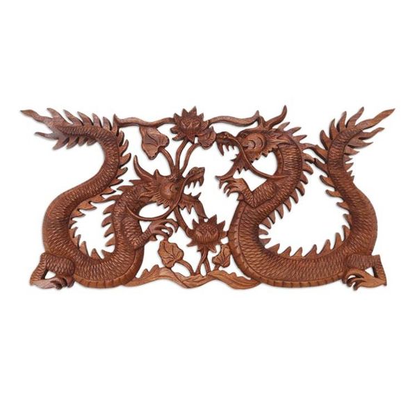 Alternate image for Wood Relief Panel Dragons Amid Flowers