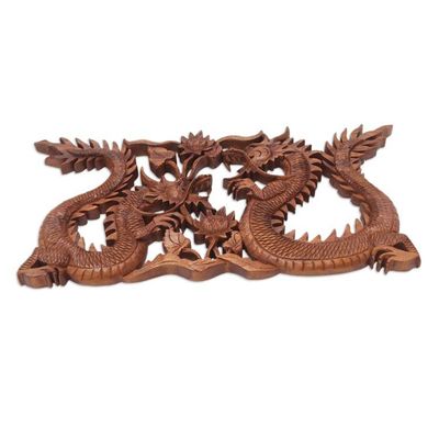 Alternate image for Wood Relief Panel Dragons Amid Flowers
