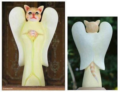Alternate image for Wood Animal Sculpture Tabby Cat Angel
