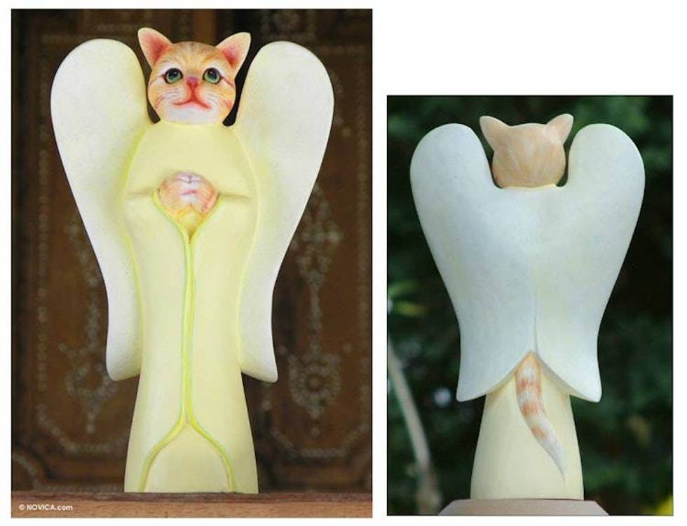 Wood Animal Sculpture 'Tabby Cat Angel'