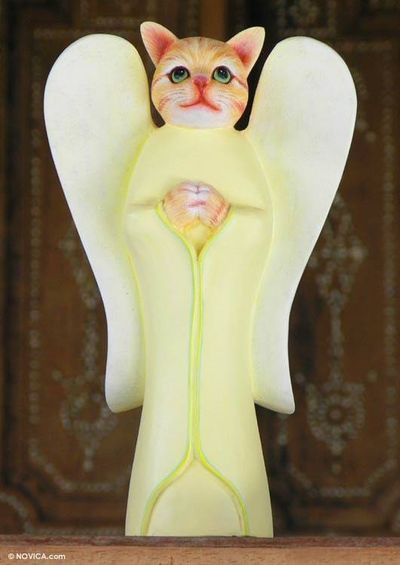 Alternate image for Wood Animal Sculpture Tabby Cat Angel