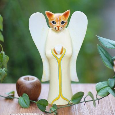 Alternate image for Wood Animal Sculpture Tabby Cat Angel