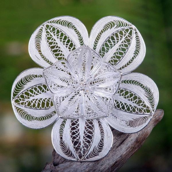 Alternate image for Floral Sterling Silver Filigree Brooch Pin Peacocks Plumes