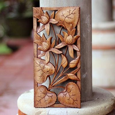 Alternate image for Hand Crafted Wood Floral Relief Panel Love Lotus