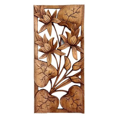 Alternate image for Hand Crafted Wood Floral Relief Panel Love Lotus