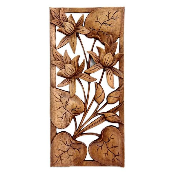 Alternate image for Hand Crafted Wood Floral Relief Panel Love Lotus