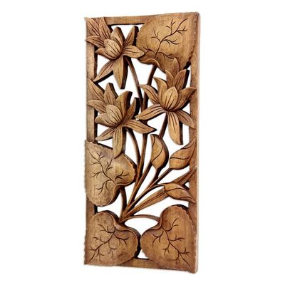 Alternate image for Hand Crafted Wood Floral Relief Panel Love Lotus