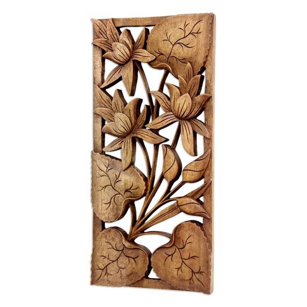 Alternate image for Hand Crafted Wood Floral Relief Panel Love Lotus