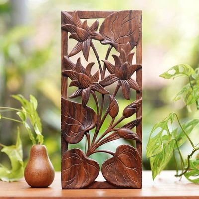 Alternate image for Hand Crafted Wood Floral Relief Panel Love Lotus