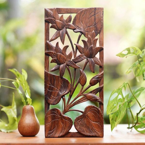 Alternate image for Hand Crafted Wood Floral Relief Panel Love Lotus