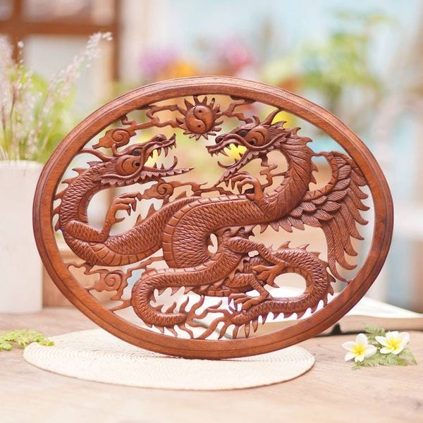 Alternate image for Carved Wood Dragon Relief Panel Naga Duality