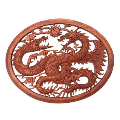 Alternate image for Carved Wood Dragon Relief Panel Naga Duality