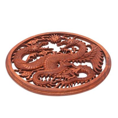 Alternate image for Carved Wood Dragon Relief Panel Naga Duality