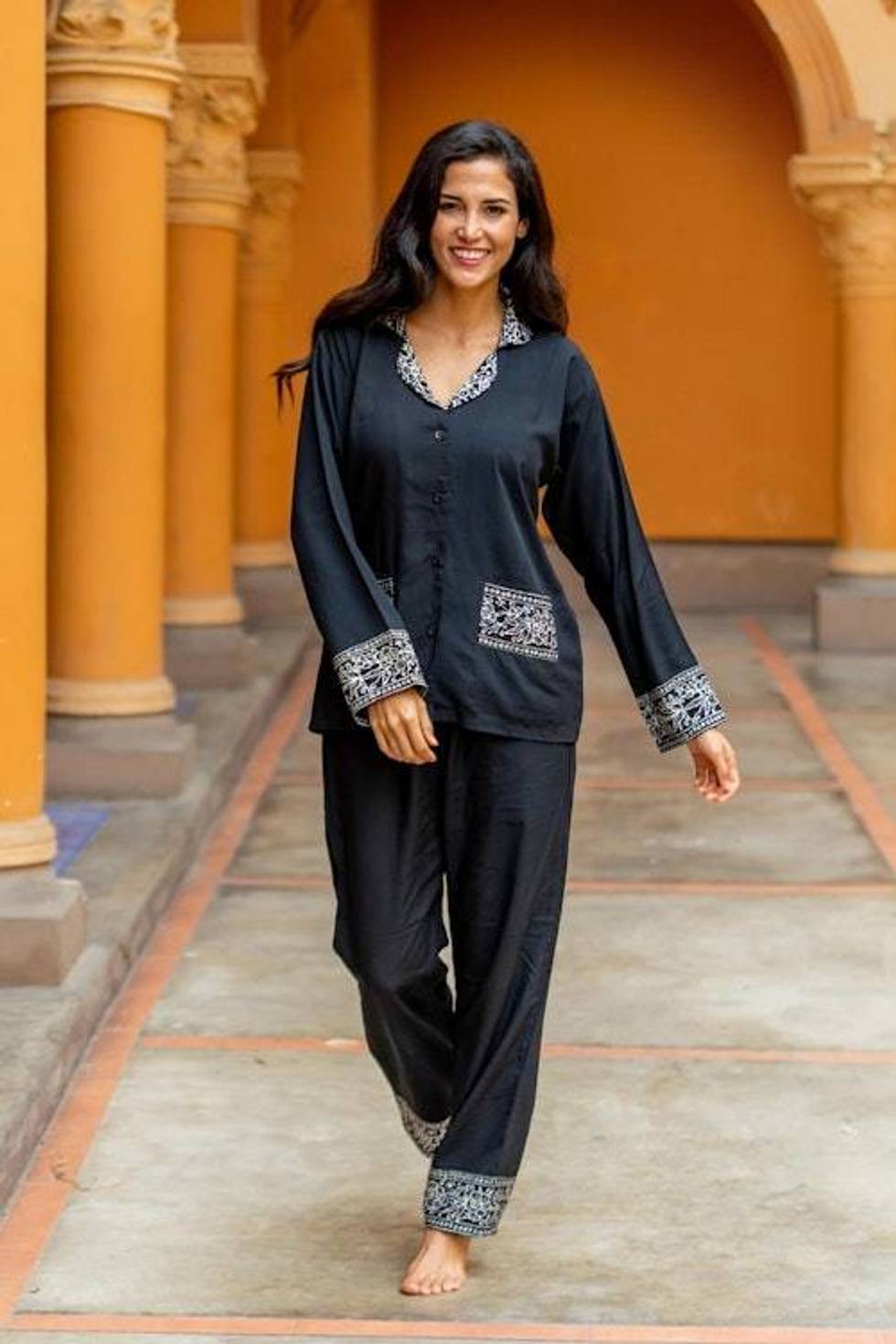 Handmade Batik Rayon Pajama Set 'Batik Long Sleeve Loungewear'