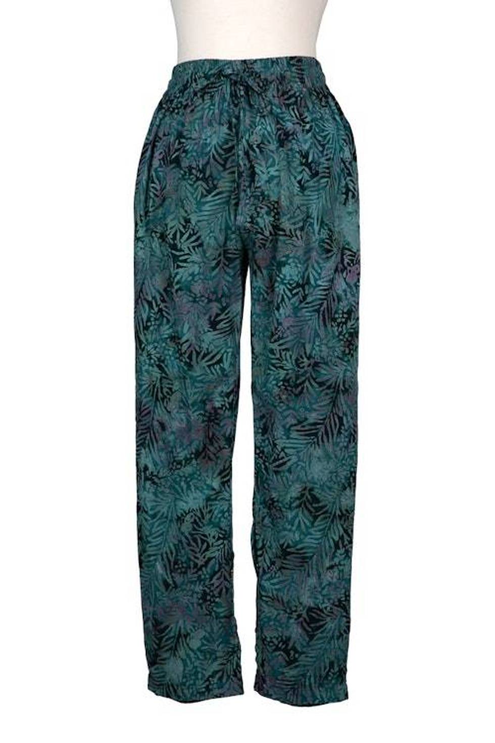 Hand-Stamped Batik Rayon Pants from Bali with Leaf Motif 'Slate Leaves'