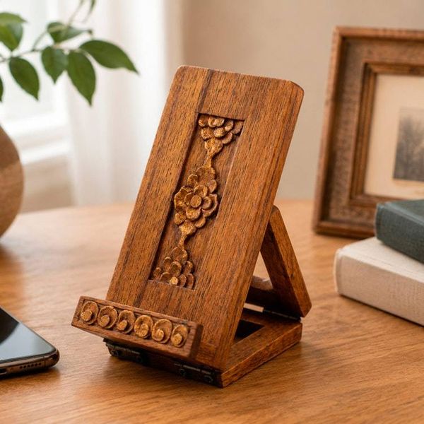 Alternate image for Hand-Carved Foldable Wood Phone Holder with Floral Motifs Floral Future