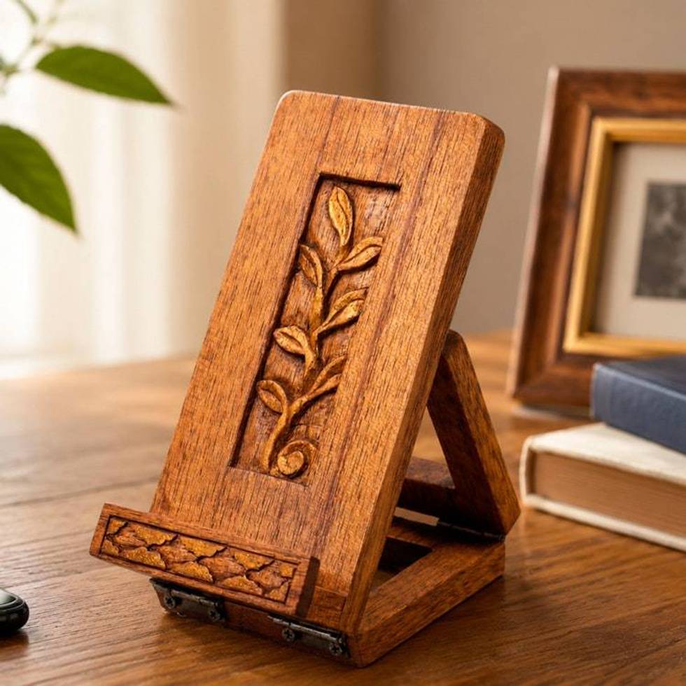 Nature-Themed Foldable Brown Jempinis Wood Phone Holder 'Thriving Modernity'