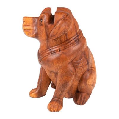Alternate image for Handcrafted Balinese Suar Wood Dog Statuette Puppy-Dog Eyes