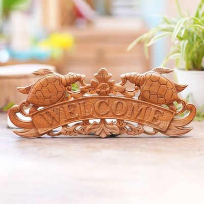 Alternate image for Hand Carved Turtle Wood Welcome Sign from Bali Turtle Welcome