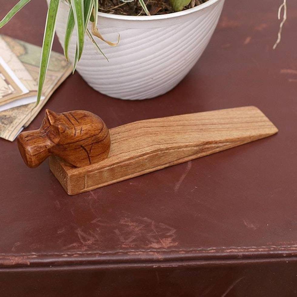 Hand-Carved Hippo Wood Door Stop in Natural Brown 'Protective Hippo'