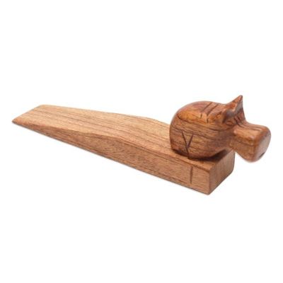 Alternate image for Hand-Carved Hippo Wood Door Stop in Natural Brown Protective Hippo