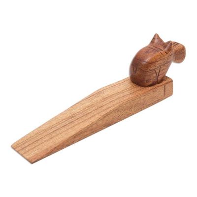 Alternate image for Hand-Carved Hippo Wood Door Stop in Natural Brown Protective Hippo