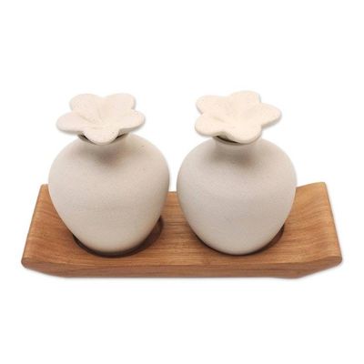 Alternate image for Hand Made Ceramic and Teak Wood Bathroom Set Blooming Frangipani