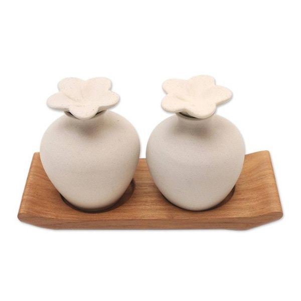 Alternate image for Hand Made Ceramic and Teak Wood Bathroom Set Blooming Frangipani