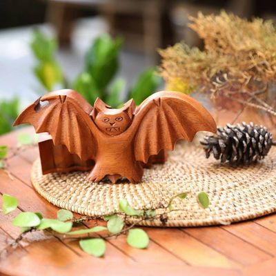 Alternate image for Bat-Themed Suar Wood Puzzle Box Hand-Carved in Bali Flying Bat