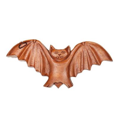 Alternate image for Bat-Themed Suar Wood Puzzle Box Hand-Carved in Bali Flying Bat
