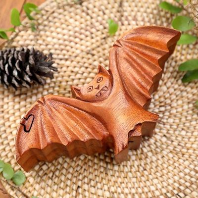 Alternate image for Bat-Themed Suar Wood Puzzle Box Hand-Carved in Bali Flying Bat