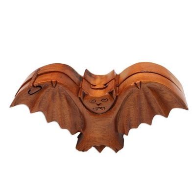 Alternate image for Bat-Themed Suar Wood Puzzle Box Hand-Carved in Bali Flying Bat
