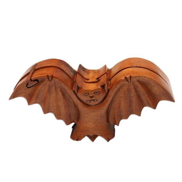 Alternate image for Bat-Themed Suar Wood Puzzle Box Hand-Carved in Bali Flying Bat