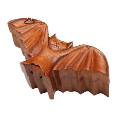 Alternate image for Bat-Themed Suar Wood Puzzle Box Hand-Carved in Bali Flying Bat