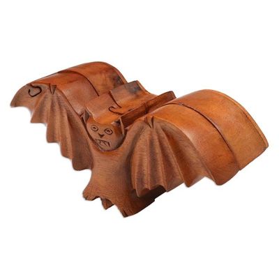 Alternate image for Bat-Themed Suar Wood Puzzle Box Hand-Carved in Bali Flying Bat