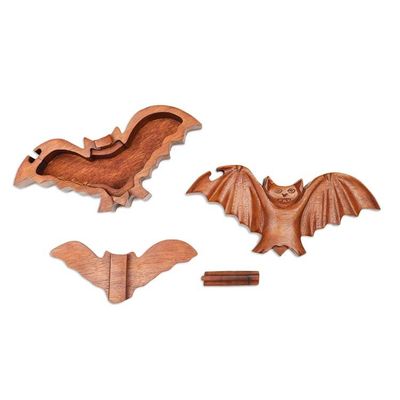 Alternate image for Bat-Themed Suar Wood Puzzle Box Hand-Carved in Bali Flying Bat