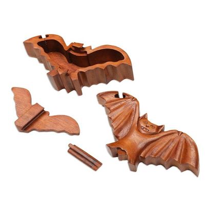 Alternate image for Bat-Themed Suar Wood Puzzle Box Hand-Carved in Bali Flying Bat