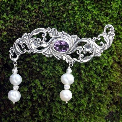 Alternate image for Amethyst and Pearl Sterling Silver Brooch Pin Misty Dew