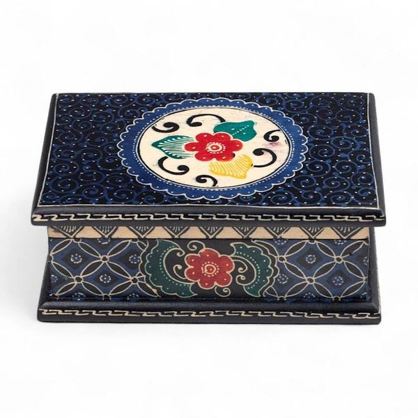 Alternate image for Javanese-Themed Floral Batik Wood Jewelry Box in Blue Hues Nocturnal Hibiscus