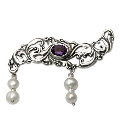 Alternate image for Amethyst and Pearl Sterling Silver Brooch Pin Misty Dew