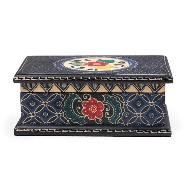 Alternate image for Javanese-Themed Floral Batik Wood Jewelry Box in Blue Hues Nocturnal Hibiscus